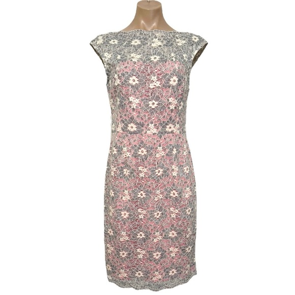 😍 MAGGY LONDON PINK GRAY SOFT WHITE ILLUSION SCALLOPED LACE SHEATH DRESS 8 NWT - Picture 4 of 9